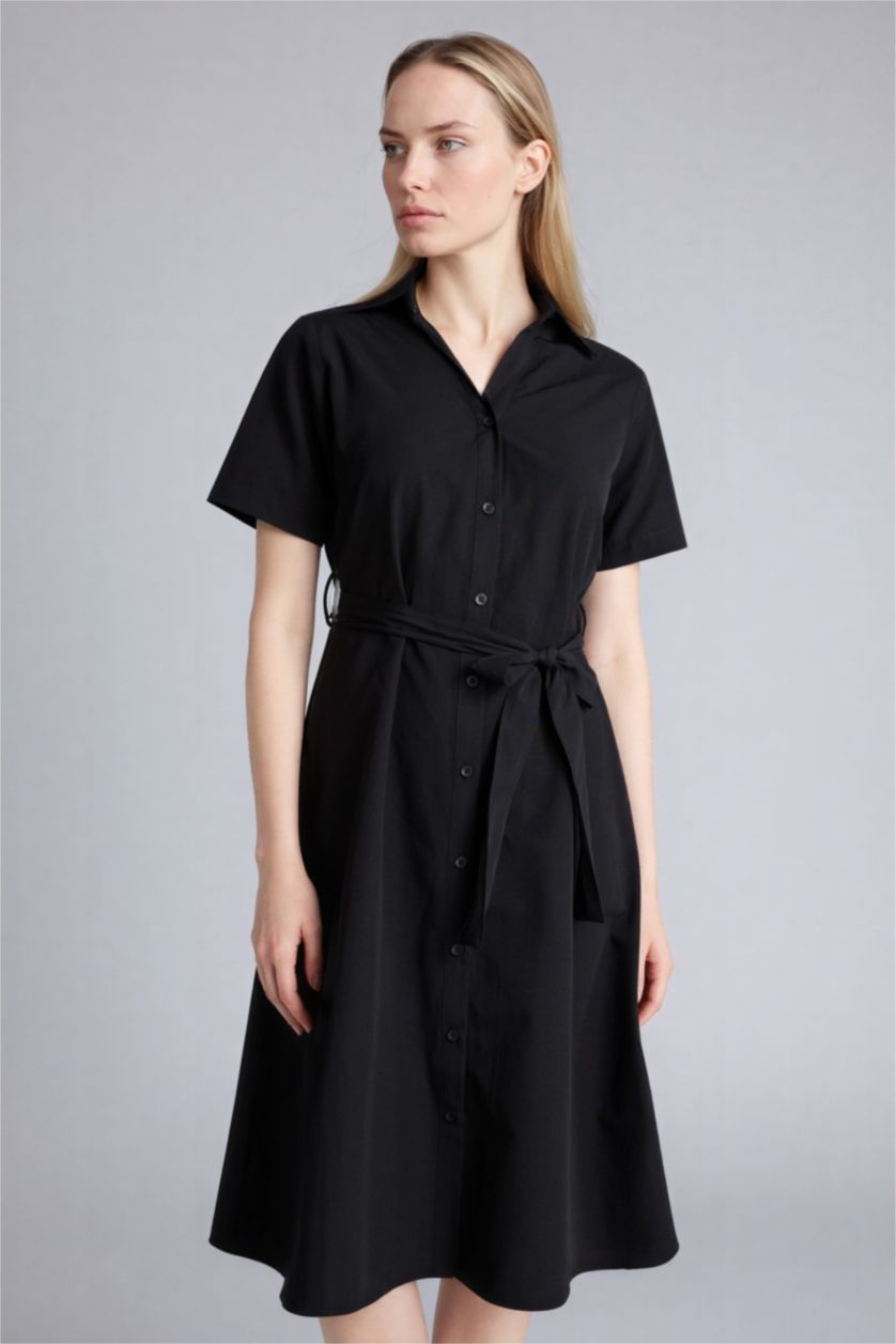 WOMAN Black A-Line Shirt Collar Poplin Short Sleeve Dress
