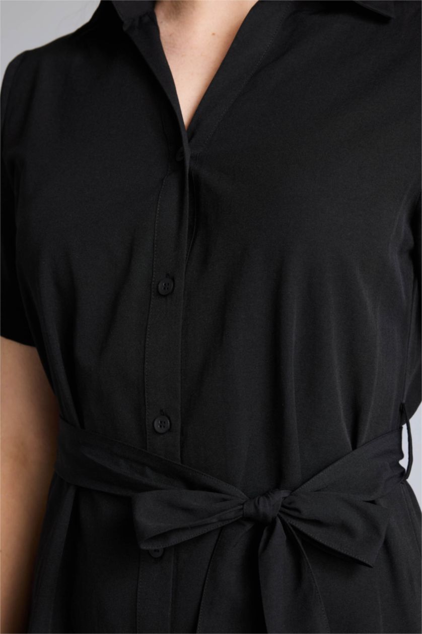 WOMAN Black A-Line Shirt Collar Poplin Short Sleeve Dress