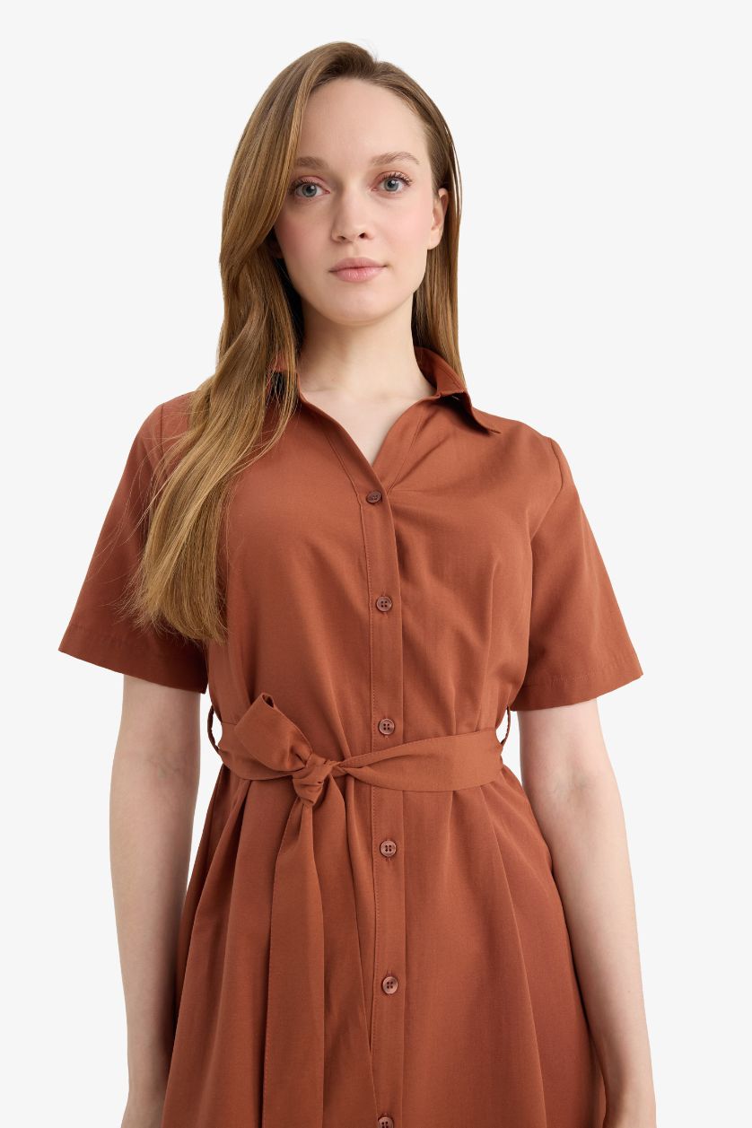 Woman Bordeaux A Cut Shirt Collar Poplin Batwing Dress