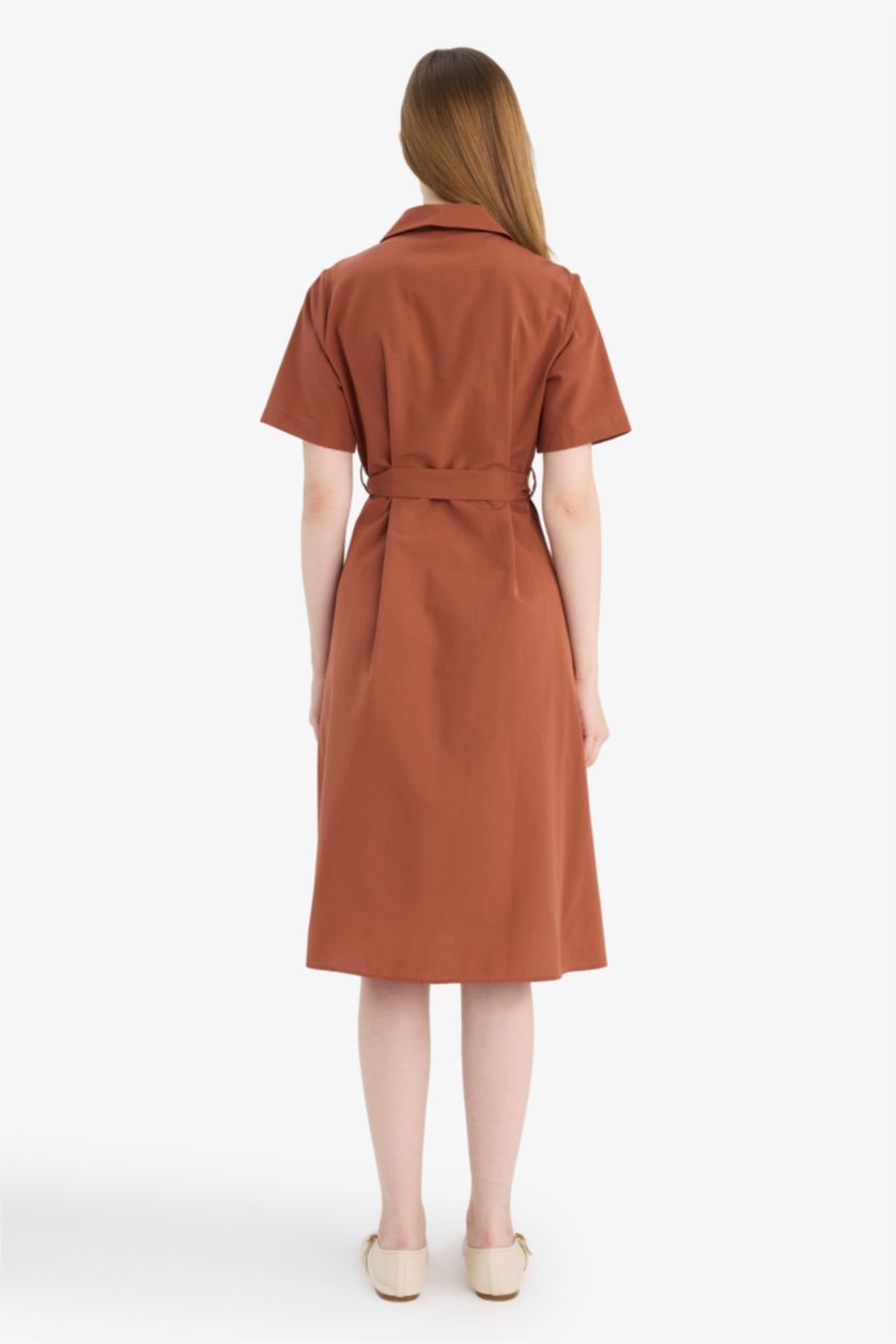 Woman Bordeaux A Cut Shirt Collar Poplin Batwing Dress