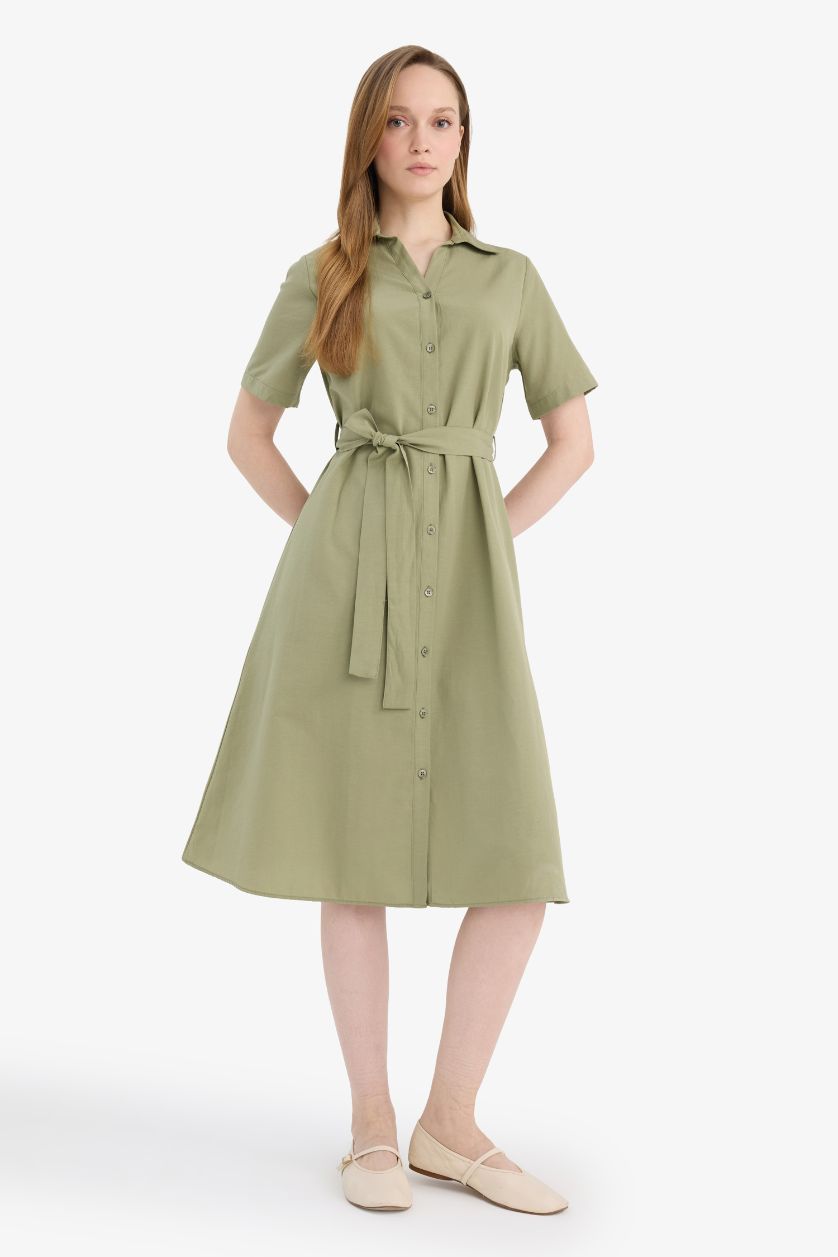 Kadın Haki A Kesim Gömlek Yaka Kuşaklı Poplin Kısa Kollu Midi Elbise