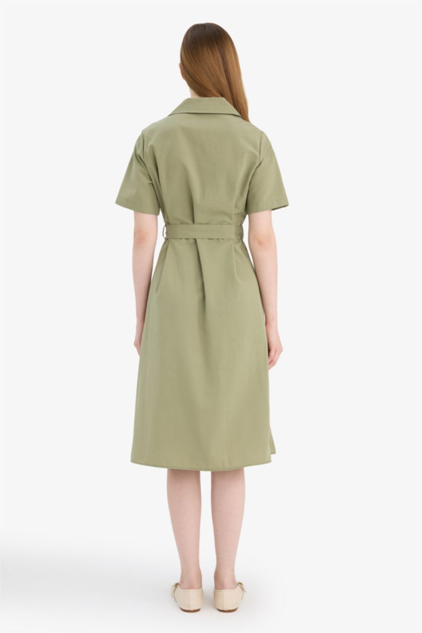 Kadın Haki A Kesim Gömlek Yaka Kuşaklı Poplin Kısa Kollu Midi Elbise