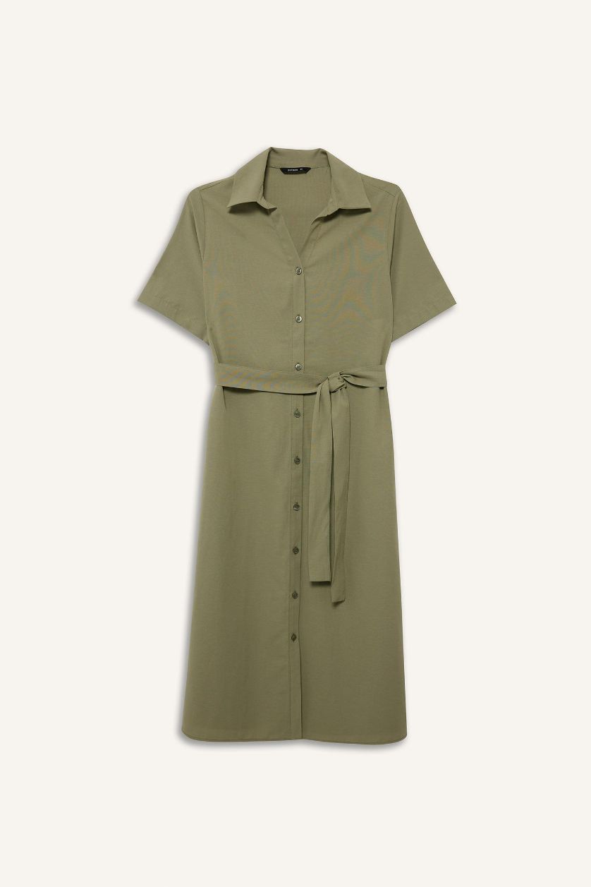 Kadın Haki A Kesim Gömlek Yaka Kuşaklı Poplin Kısa Kollu Midi Elbise
