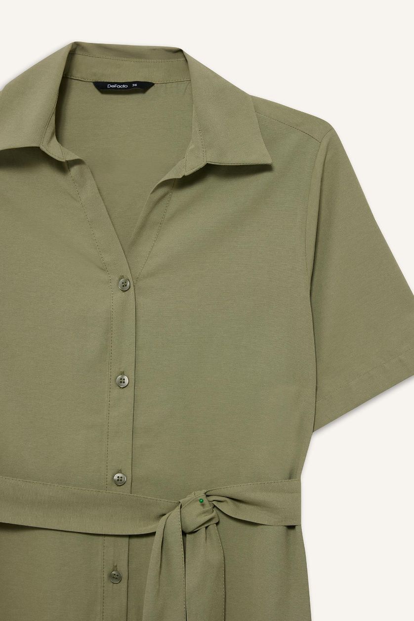 Kadın Haki A Kesim Gömlek Yaka Kuşaklı Poplin Kısa Kollu Midi Elbise