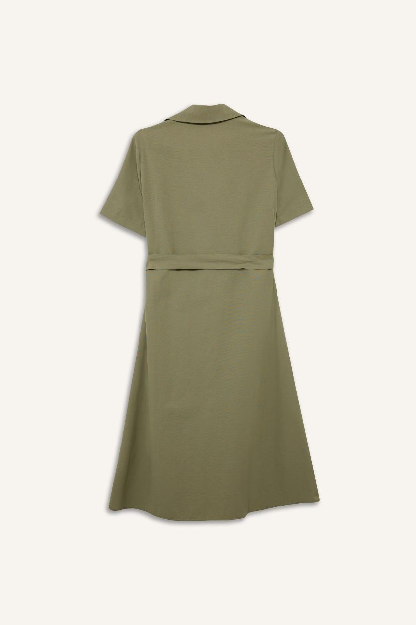 Kadın Haki A Kesim Gömlek Yaka Kuşaklı Poplin Kısa Kollu Midi Elbise