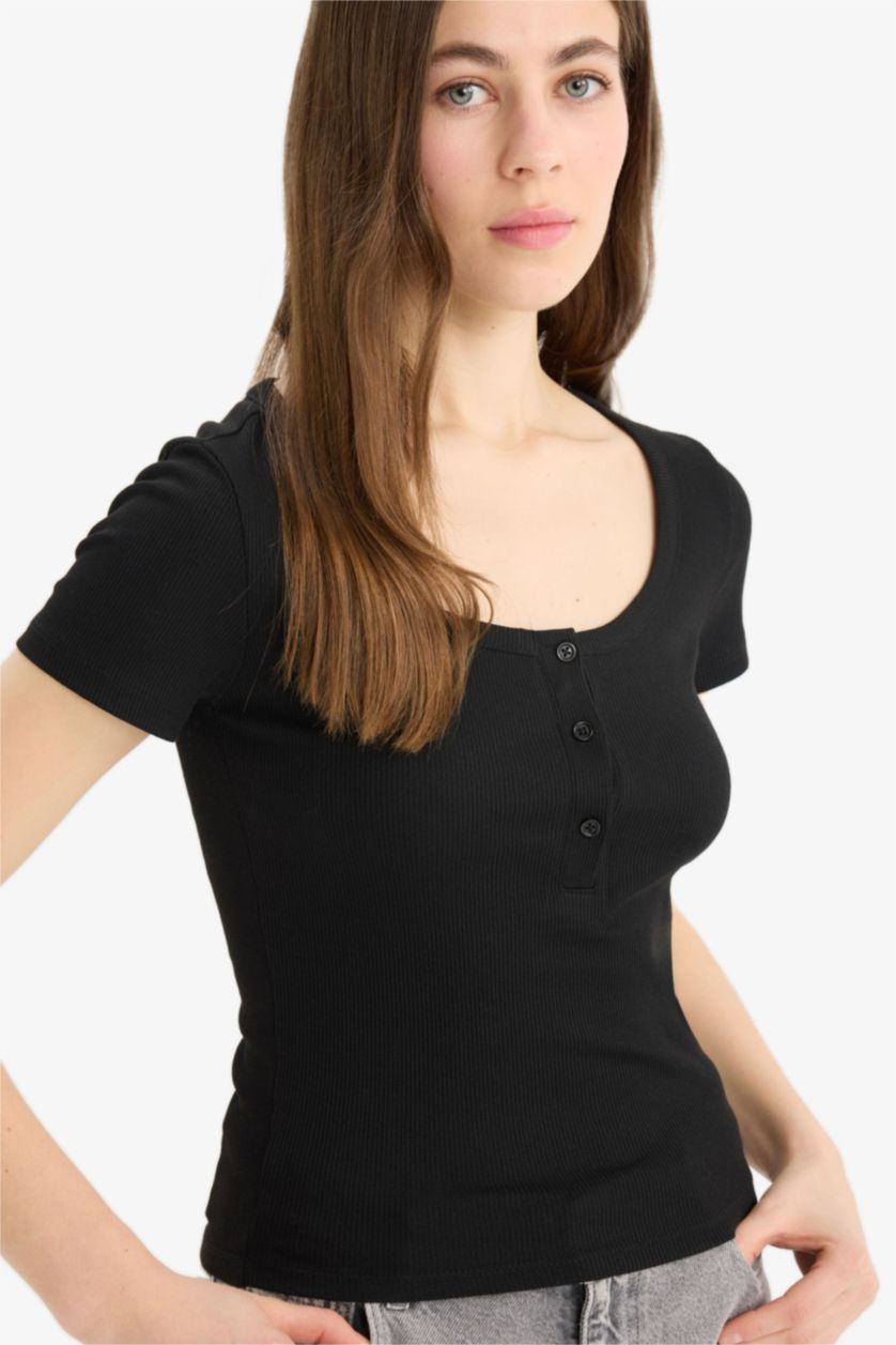 نساء أسود Slim Fit Round Neck Ribbed Camisole T-Shirt