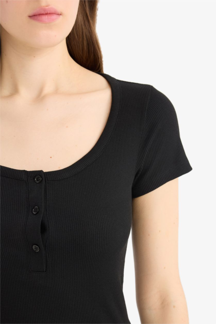 نساء أسود Slim Fit Round Neck Ribbed Camisole T-Shirt