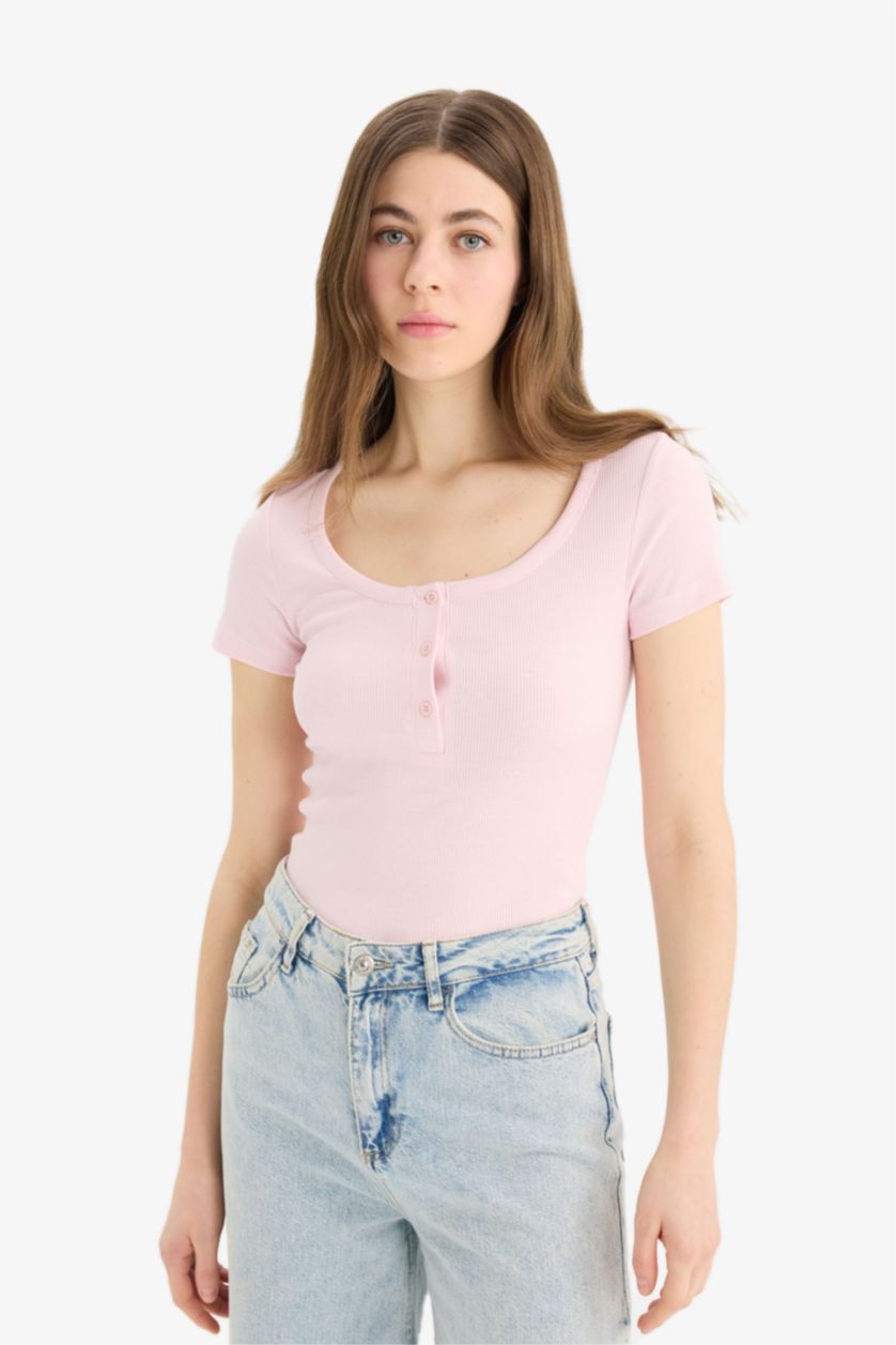 WOMAN Light Pink Slim Fit Round Neck Ribbed Camisole T-Shirt