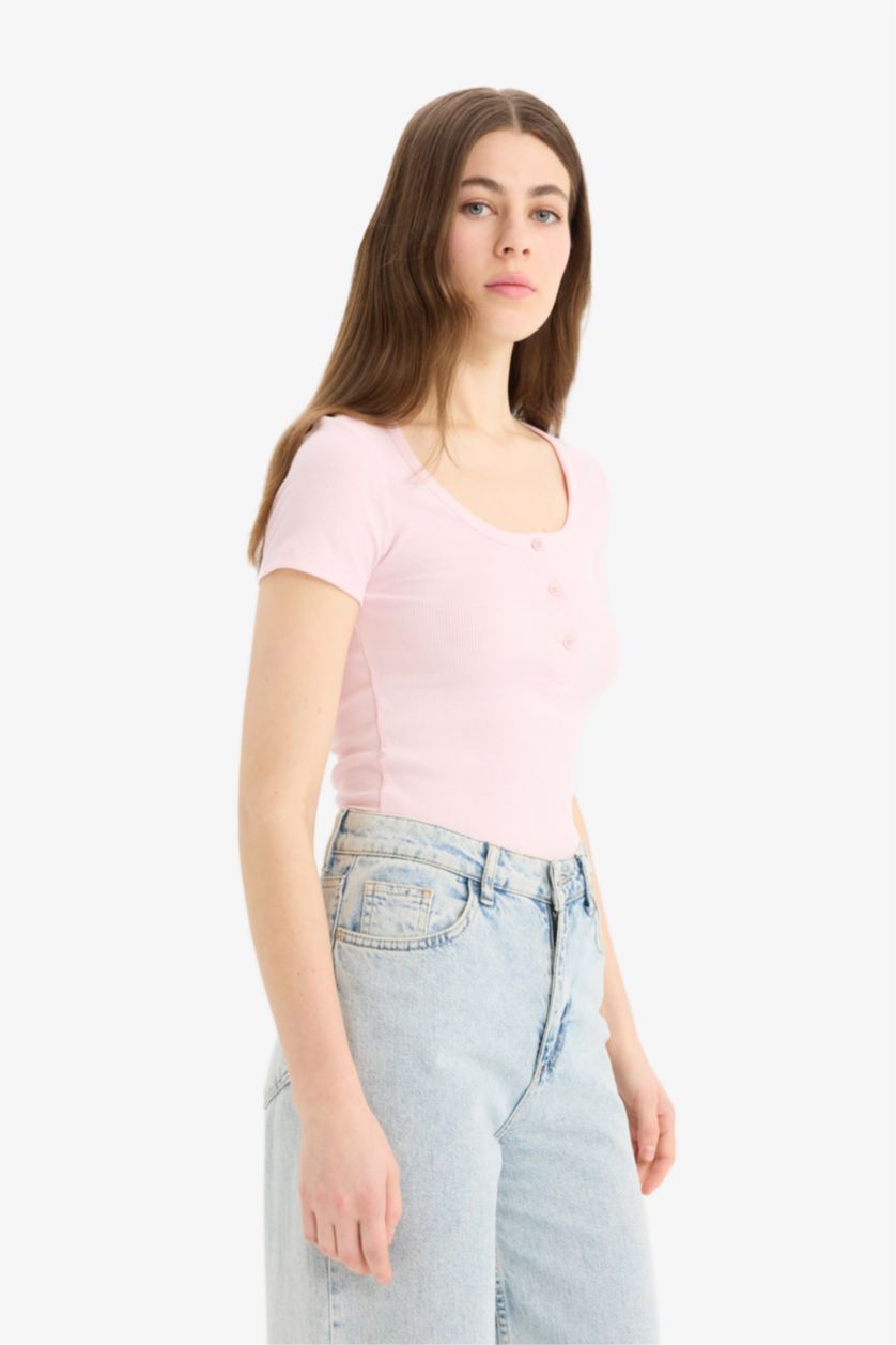 WOMAN Light Pink Slim Fit Round Neck Ribbed Camisole T-Shirt