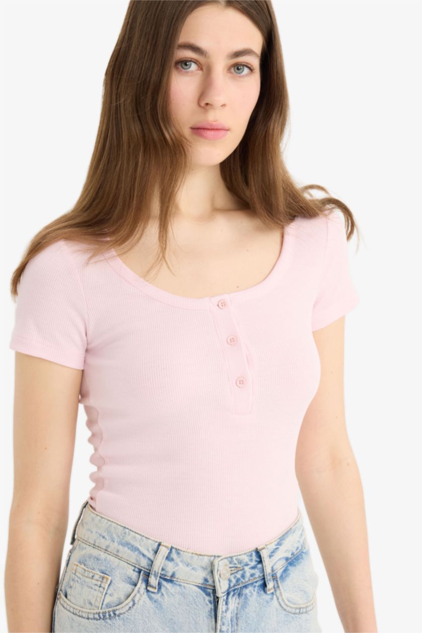 WOMAN Light Pink Slim Fit Round Neck Ribbed Camisole T-Shirt