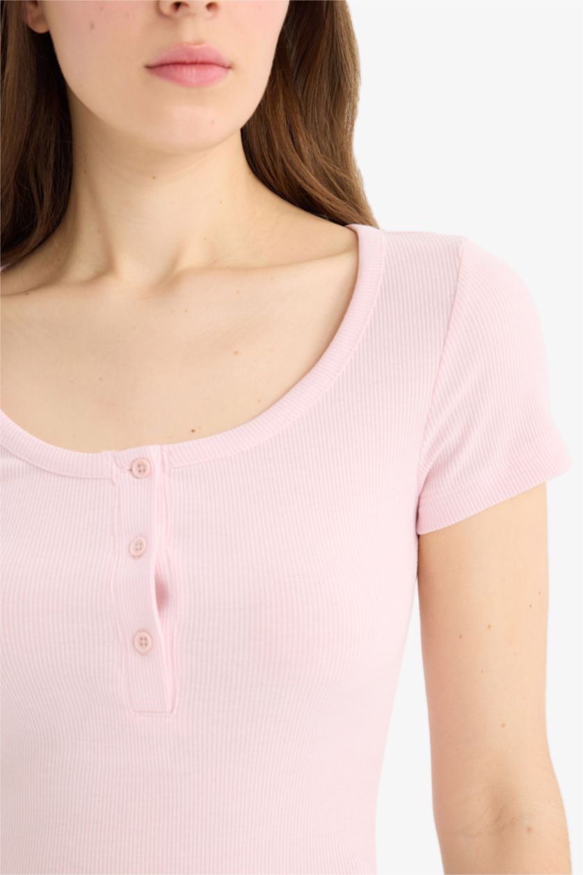 WOMAN Light Pink Slim Fit Round Neck Ribbed Camisole T-Shirt