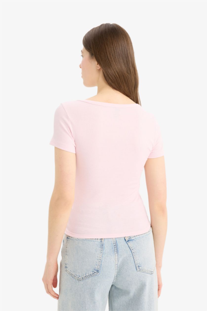 WOMAN Light Pink Slim Fit Round Neck Ribbed Camisole T-Shirt