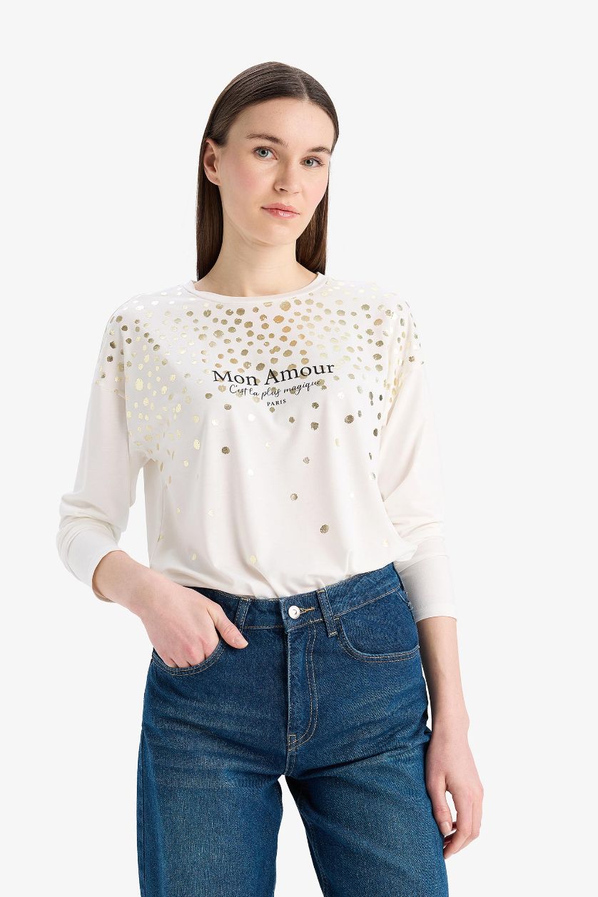 نساء بيج فاتح Crew Neck Printed Long Sleeve T-Shirt