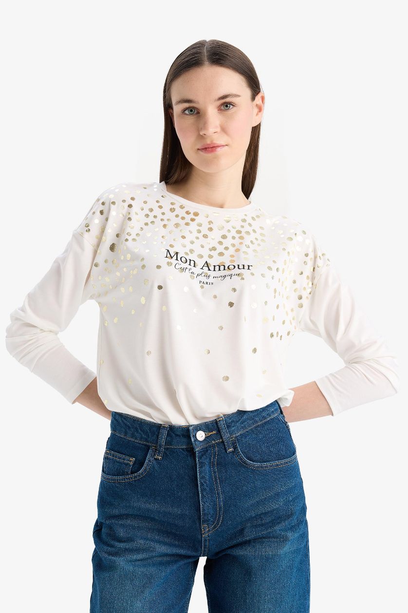 نساء بيج فاتح Crew Neck Printed Long Sleeve T-Shirt