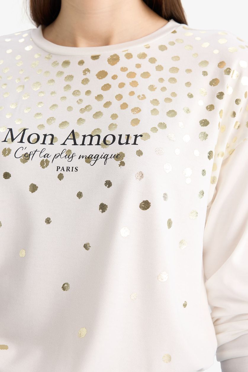 نساء بيج فاتح Crew Neck Printed Long Sleeve T-Shirt