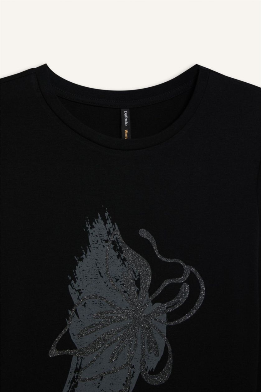 Woman Black Traditional Regular Fit Crew Neck Glitter T-Shirt