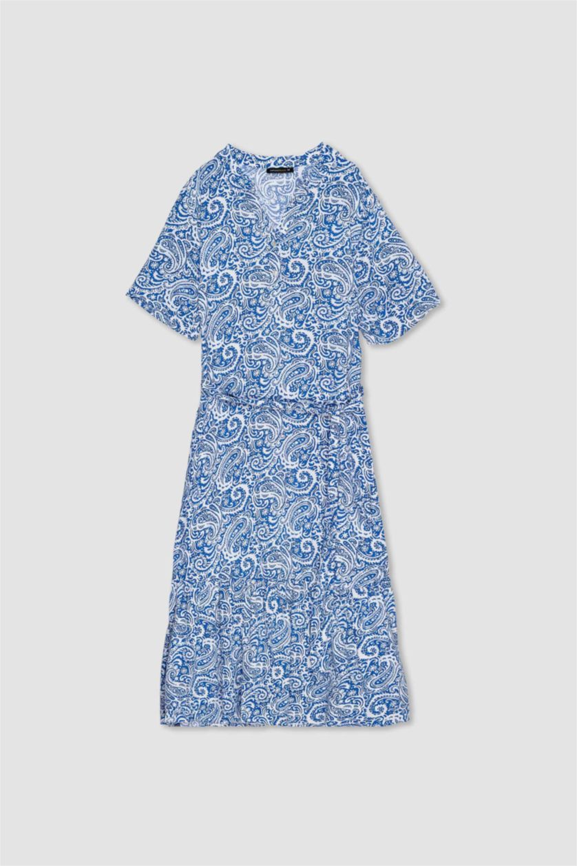 WOMAN NAVY A Line Grandad Collar Printed Dress