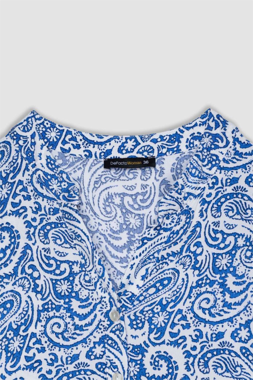 WOMAN NAVY A Line Grandad Collar Printed Dress