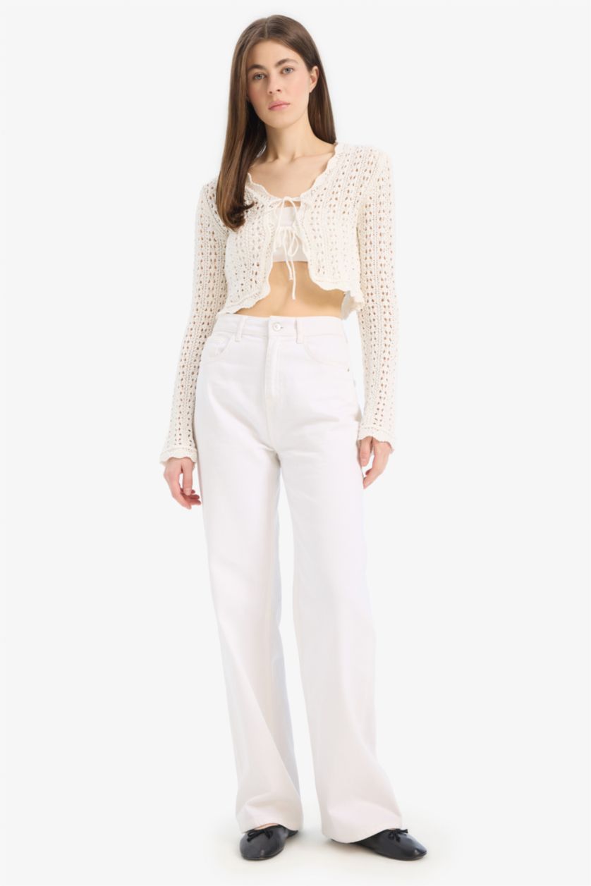 Kadın Ekru Regular Fit V Yaka Bağlamalı Kroşe Triko Hırka