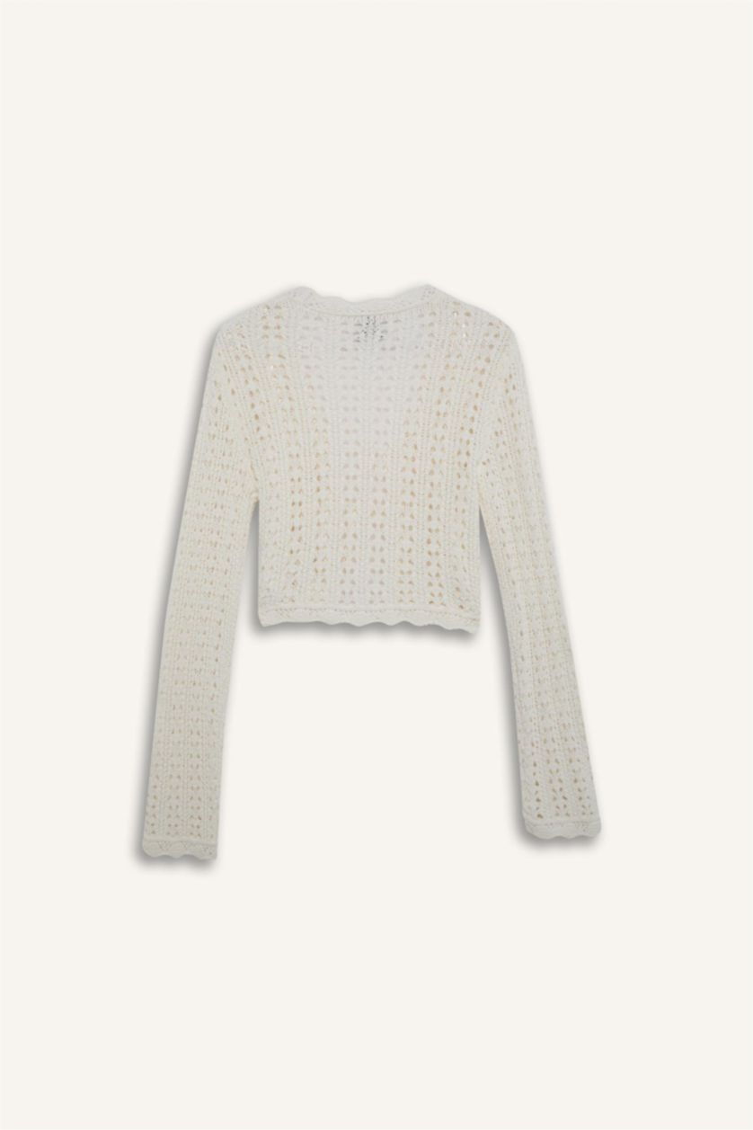 Kadın Ekru Regular Fit V Yaka Bağlamalı Kroşe Triko Hırka