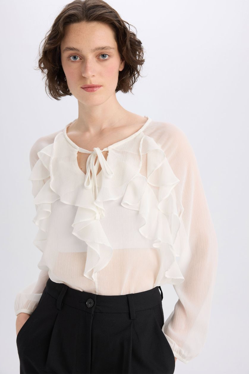 Woman Ecru Regular Fit Round Neck Ruffled Chiffon Long Sleeve Blouse