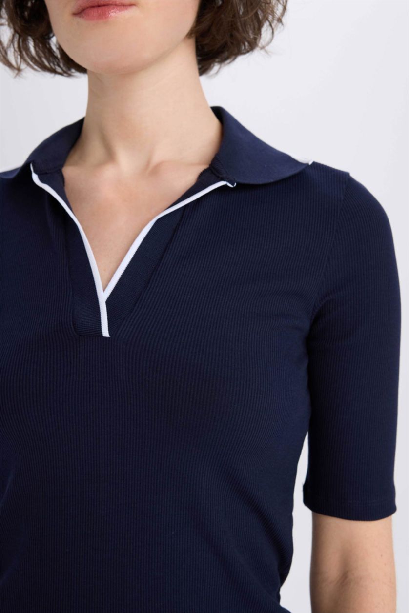 Kadın Lacivert Bodycon Vücudu Saran Polo Yaka Fitilli Kaşkorse Kısa Kollu Midi Elbise