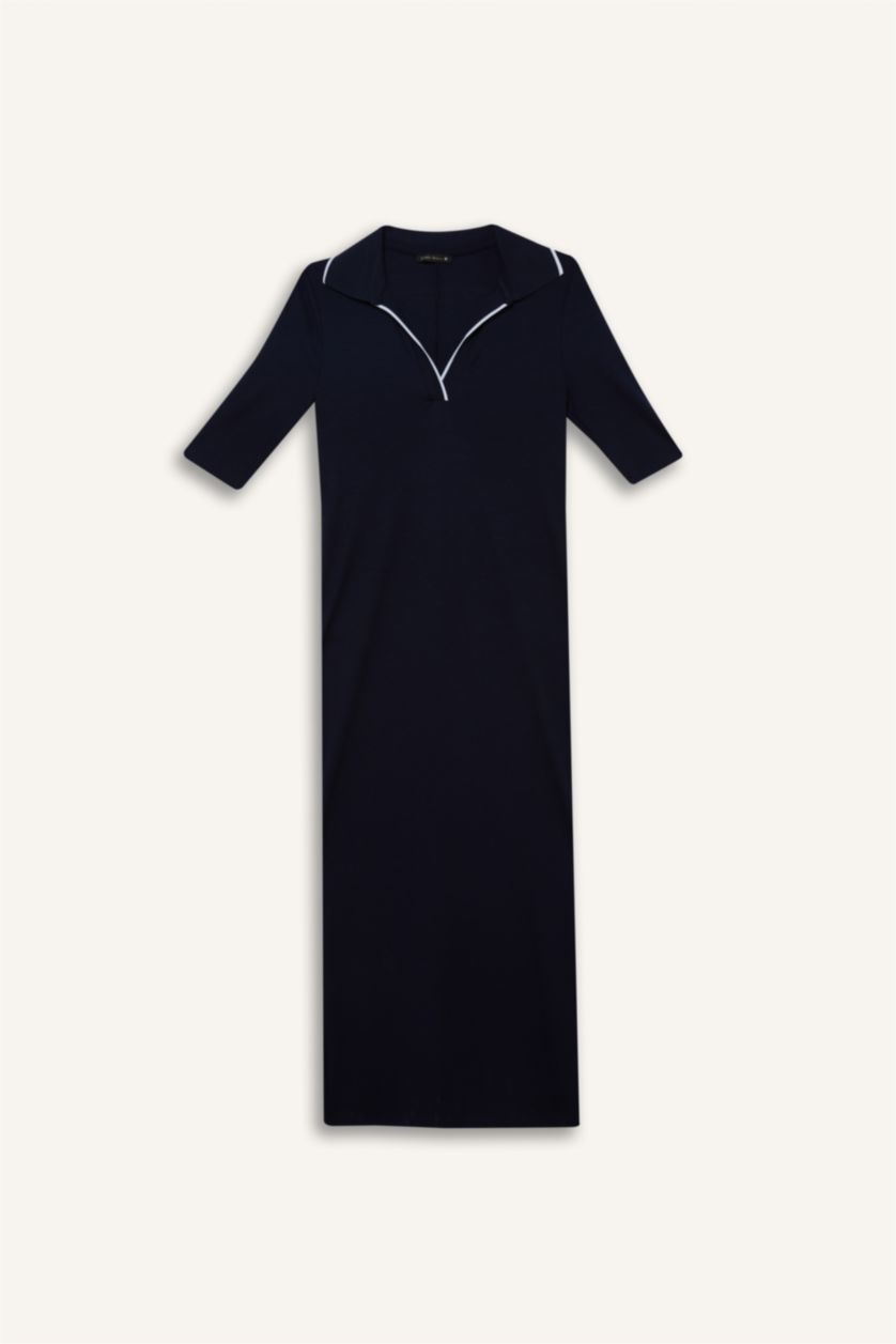 Kadın Lacivert Bodycon Vücudu Saran Polo Yaka Fitilli Kaşkorse Kısa Kollu Midi Elbise