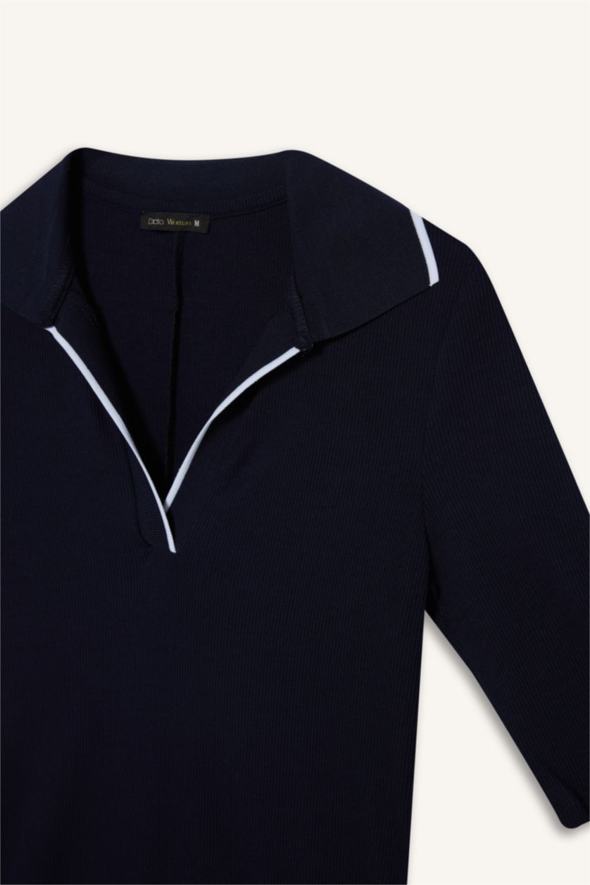 Kadın Lacivert Bodycon Vücudu Saran Polo Yaka Fitilli Kaşkorse Kısa Kollu Midi Elbise