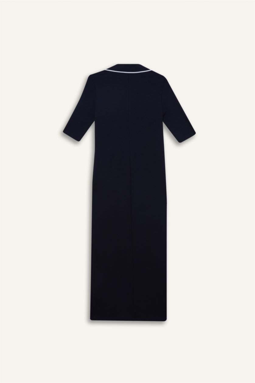 Kadın Lacivert Bodycon Vücudu Saran Polo Yaka Fitilli Kaşkorse Kısa Kollu Midi Elbise