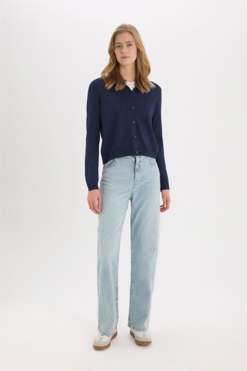 Woman NAVY Regular Fit Polo Neck Basic Knitted Cardigan