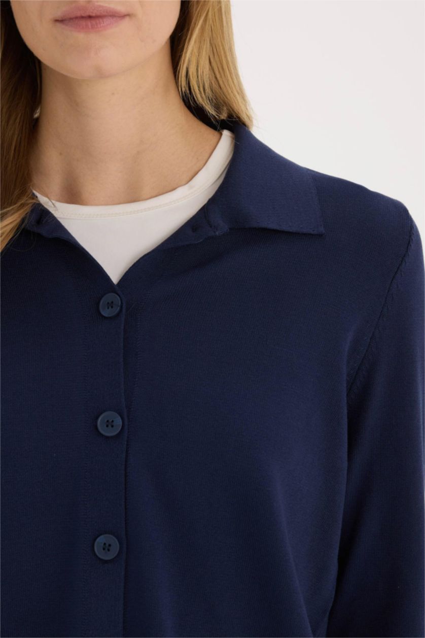 Woman NAVY Regular Fit Polo Neck Basic Knitted Cardigan