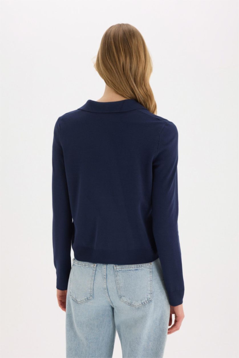 Woman NAVY Regular Fit Polo Neck Basic Knitted Cardigan