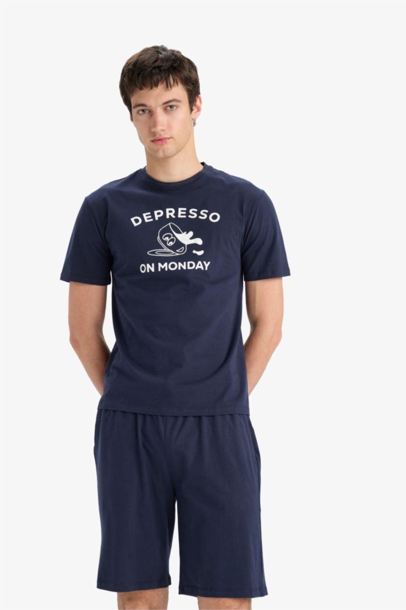 Erkek Lacivert Regular Fit Pijama Takımı Baskılı Kısa Kollu Üst Şort