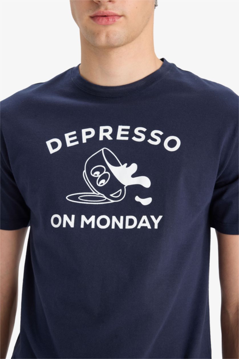 Erkek Lacivert Regular Fit Pijama Takımı Baskılı Kısa Kollu Üst Şort