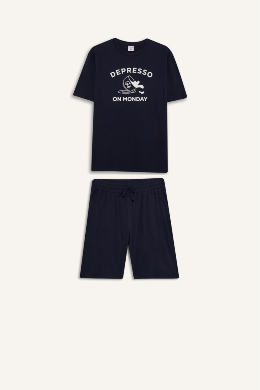 Erkek Lacivert Regular Fit Pijama Takımı Baskılı Kısa Kollu Üst Şort