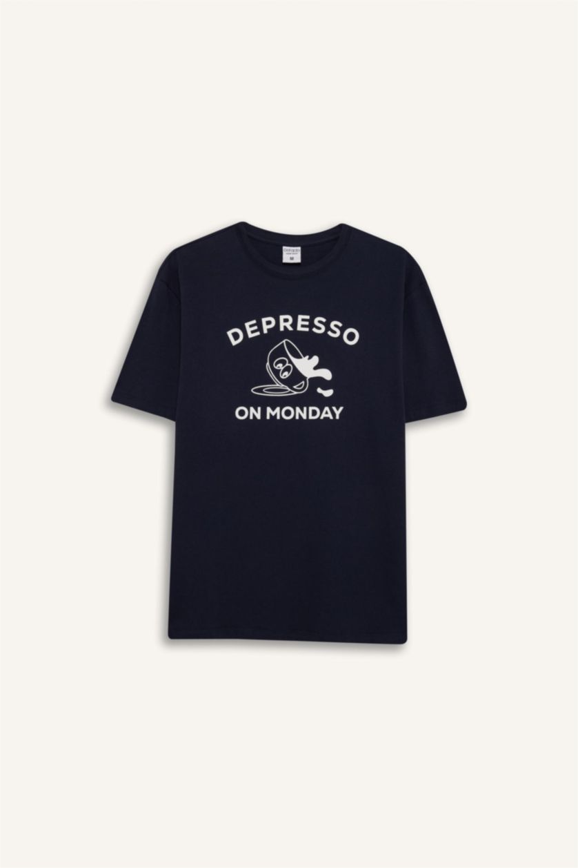 Erkek Lacivert Regular Fit Pijama Takımı Baskılı Kısa Kollu Üst Şort