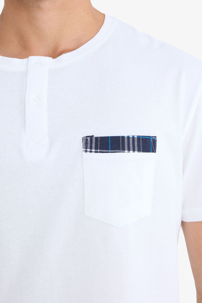 Erkek Beyaz %100Pamuk Regular Fit Pijama Takımı Kısa Kollu Üst Kareli Şort