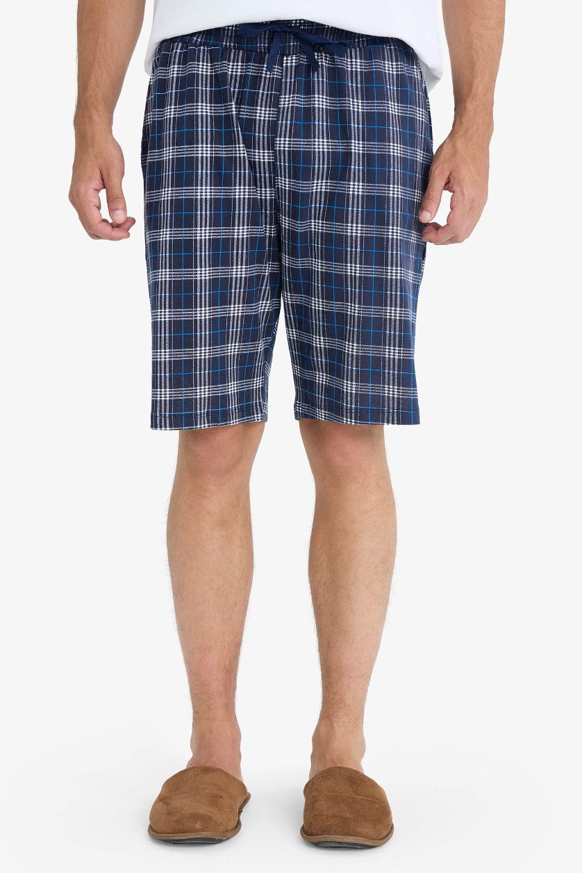 Erkek Beyaz %100Pamuk Regular Fit Pijama Takımı Kısa Kollu Üst Kareli Şort