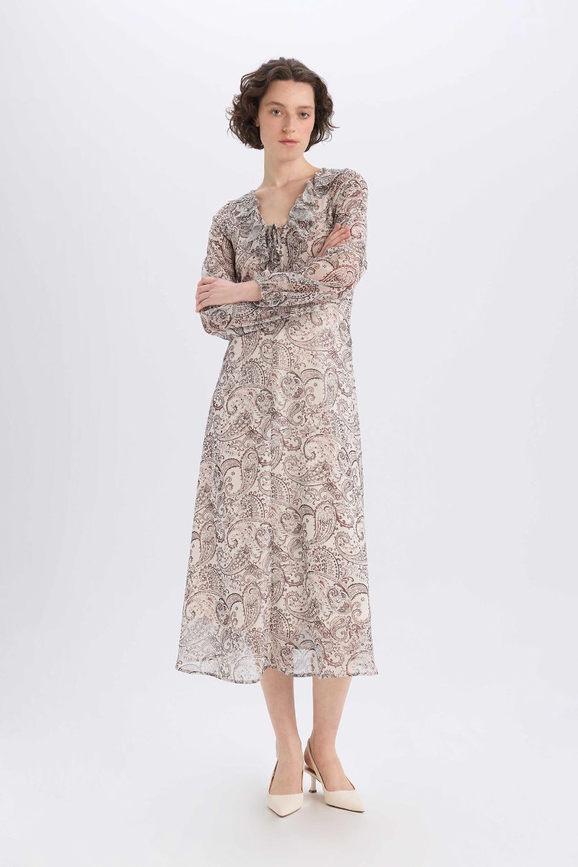 Kadın Bej Fırfırlı Yaka Etnik Desenli Şifon Uzun Kollu Midi Elbise