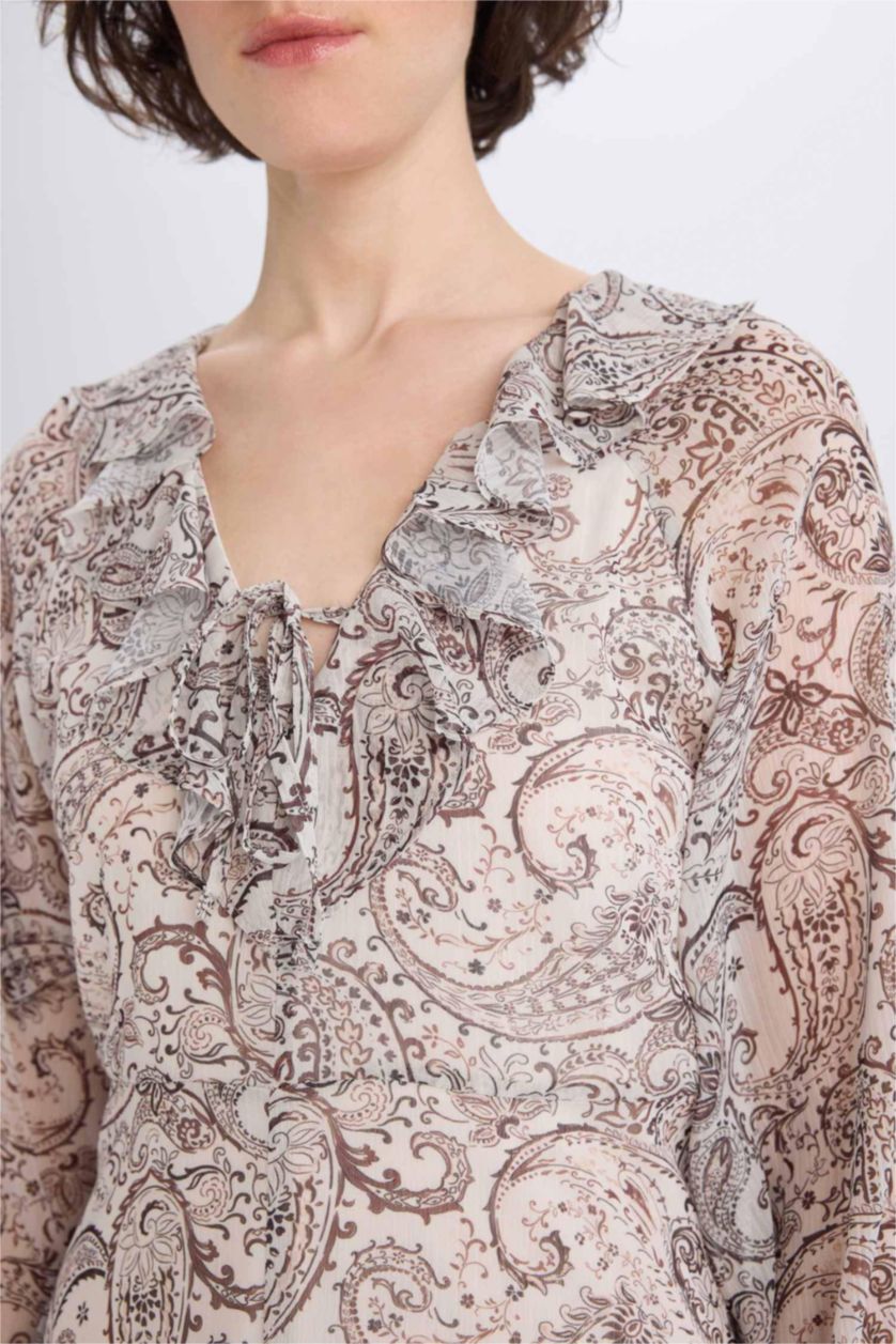 Kadın Bej Fırfırlı Yaka Etnik Desenli Şifon Uzun Kollu Midi Elbise