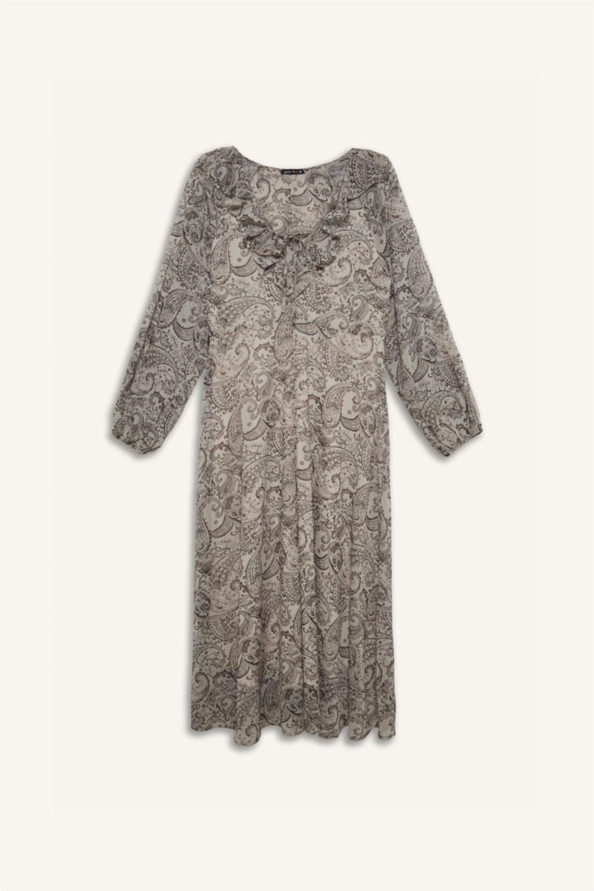 Kadın Bej Fırfırlı Yaka Etnik Desenli Şifon Uzun Kollu Midi Elbise