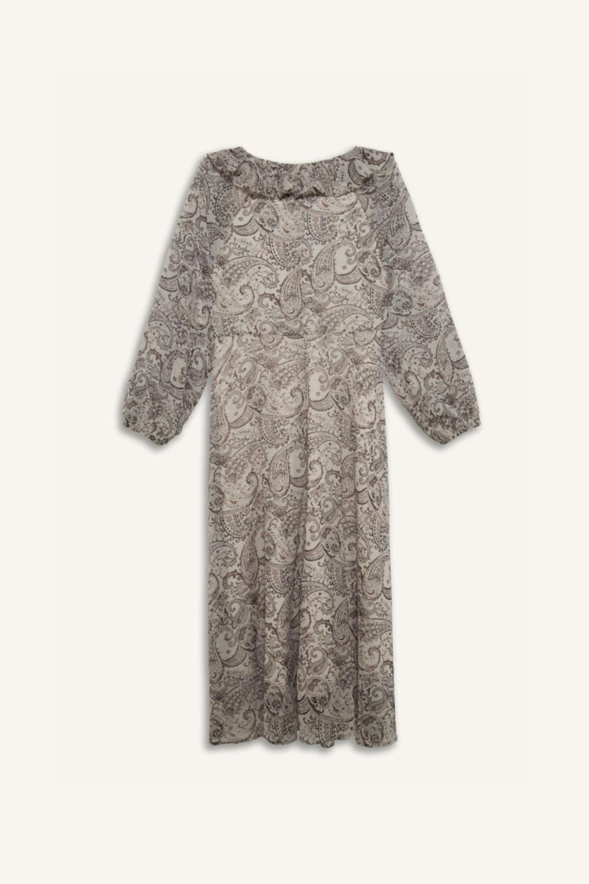 Kadın Bej Fırfırlı Yaka Etnik Desenli Şifon Uzun Kollu Midi Elbise