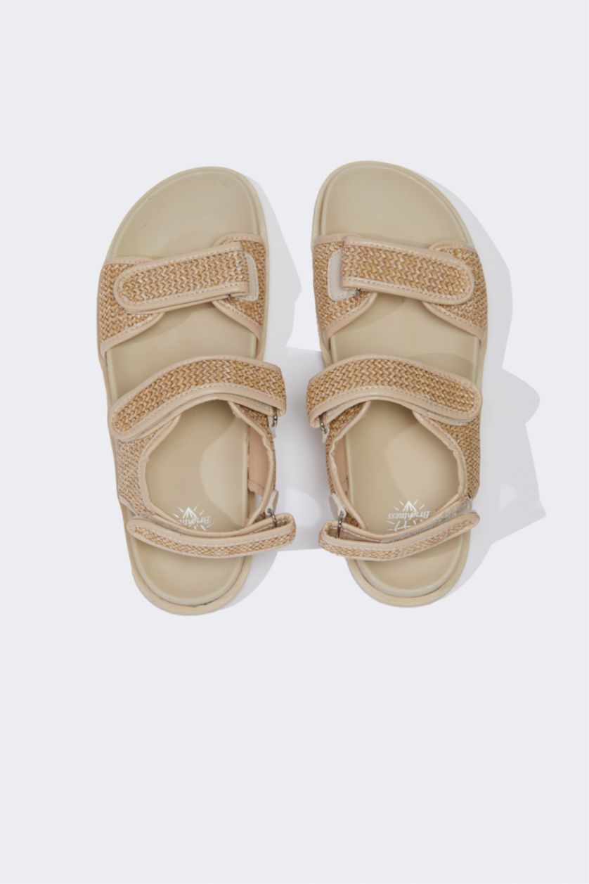 Kadın Bej DCEY x DeFacto Kadın Çift Bantlı Düz Taban Hasır Terlik