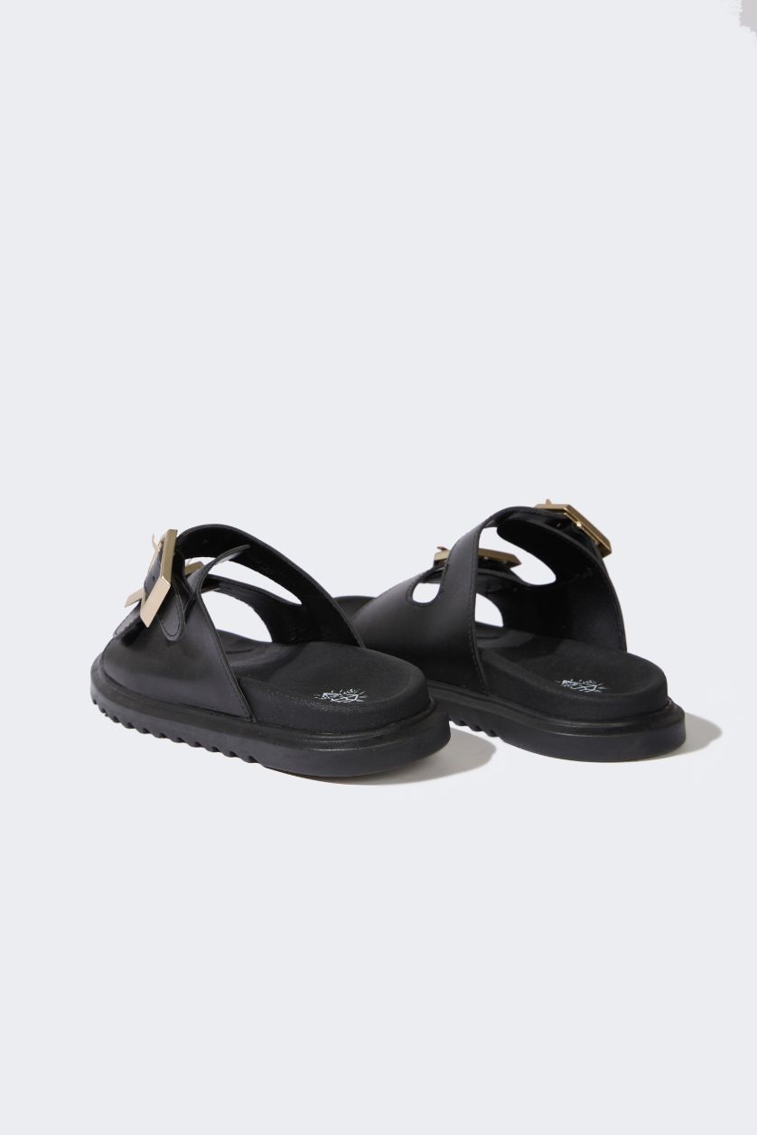 نساء أسود شبشب نسائي جلد صناعي بكعب مسطح بشريط مزدوج