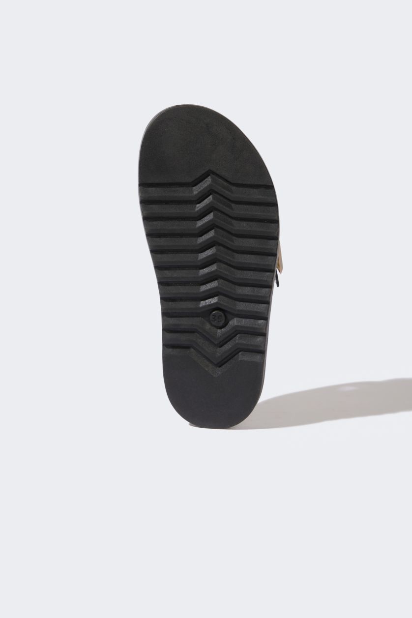 نساء أسود شبشب نسائي جلد صناعي بكعب مسطح بشريط مزدوج