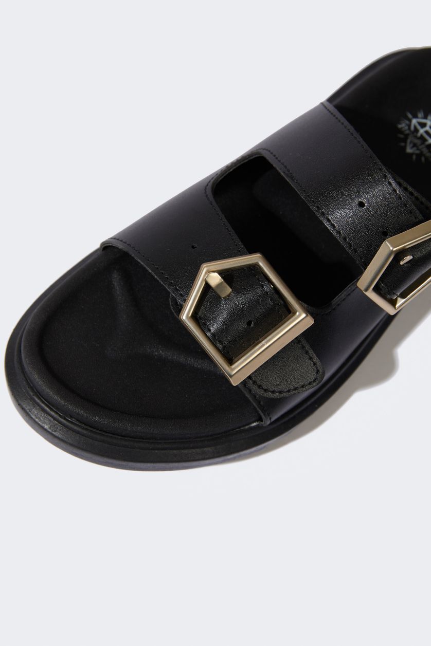 نساء أسود شبشب نسائي جلد صناعي بكعب مسطح بشريط مزدوج