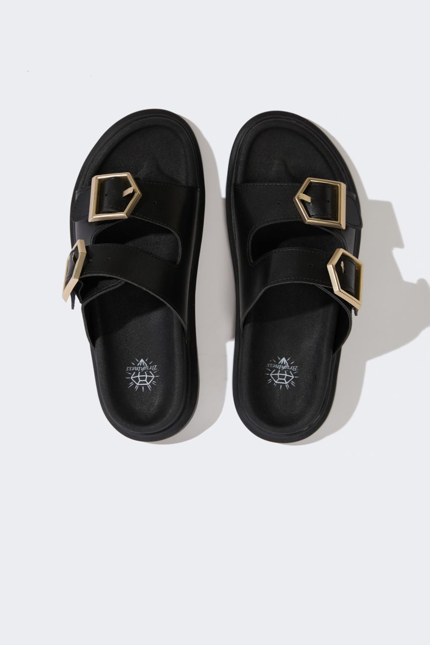 نساء أسود شبشب نسائي جلد صناعي بكعب مسطح بشريط مزدوج