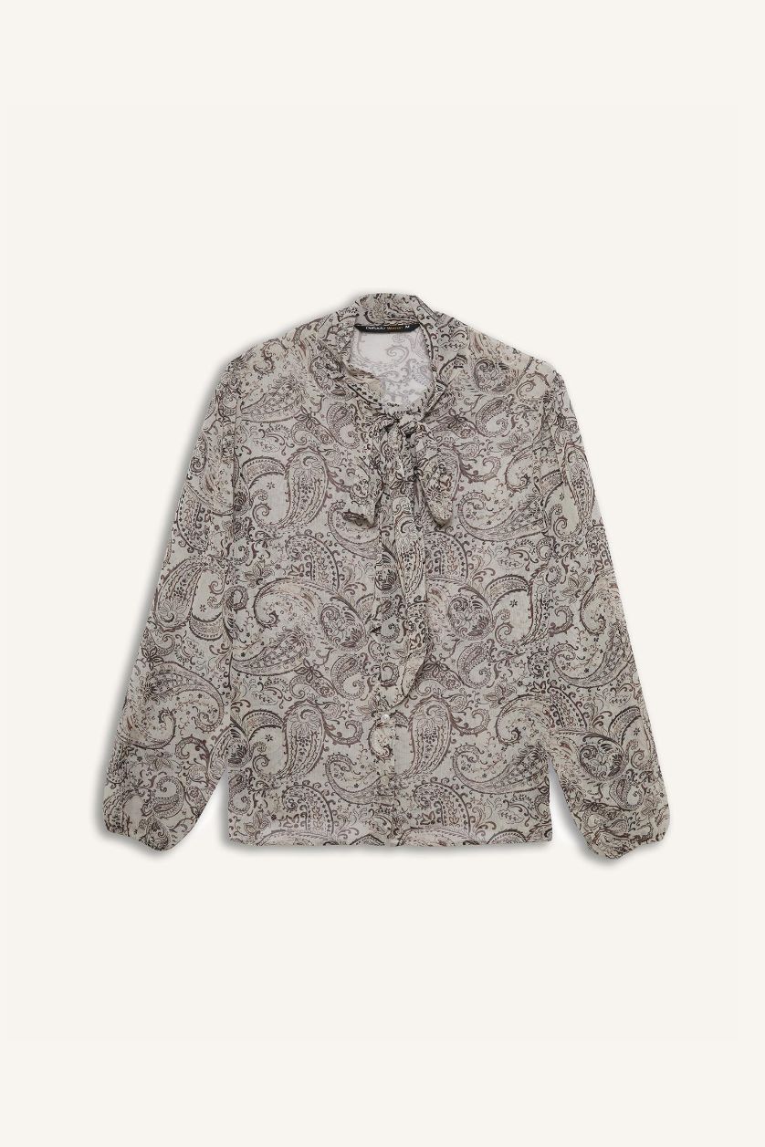 Kadın Bej Regular Fıt Fiyonk Yaka Şal Desenli Şifon Uzun Kollu Gömlek