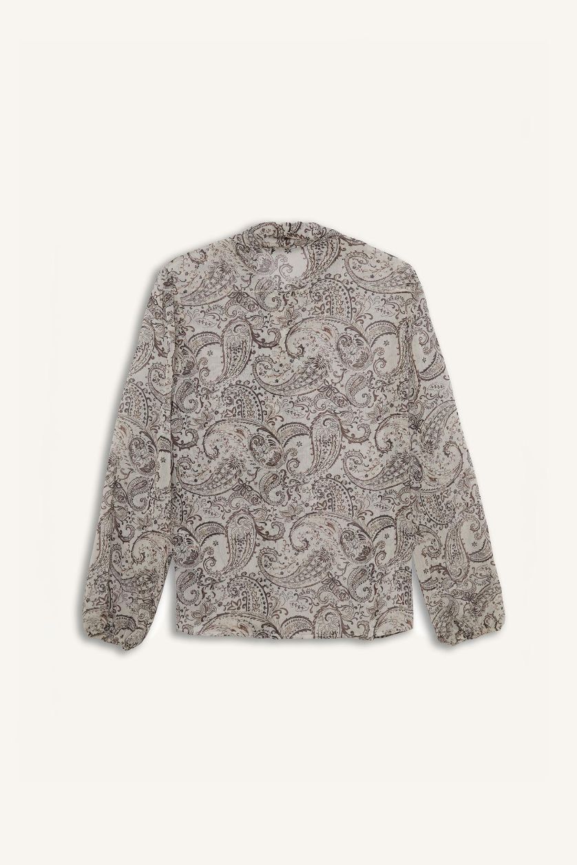 Kadın Bej Regular Fıt Fiyonk Yaka Şal Desenli Şifon Uzun Kollu Gömlek