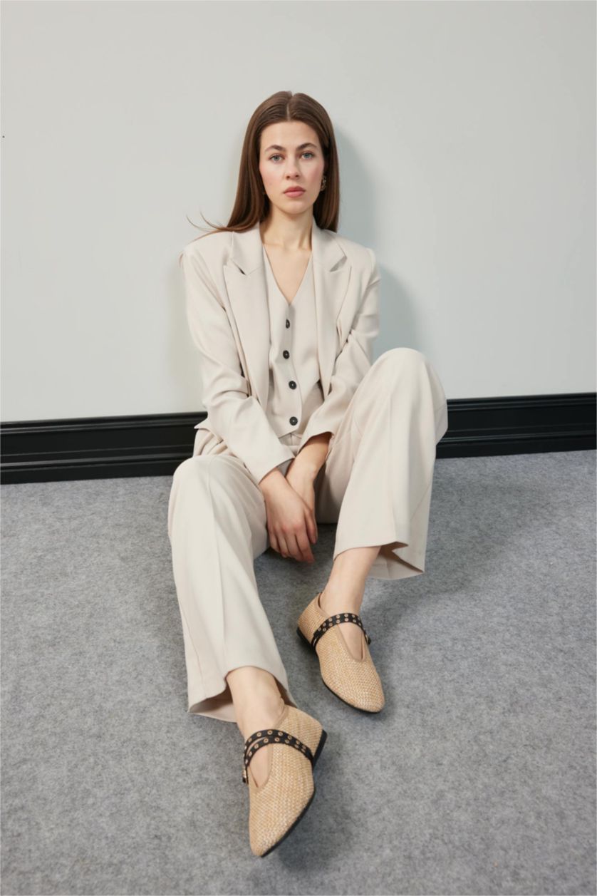 Woman Beige Woman Double Strap Straw Ballerina Flat Shoes